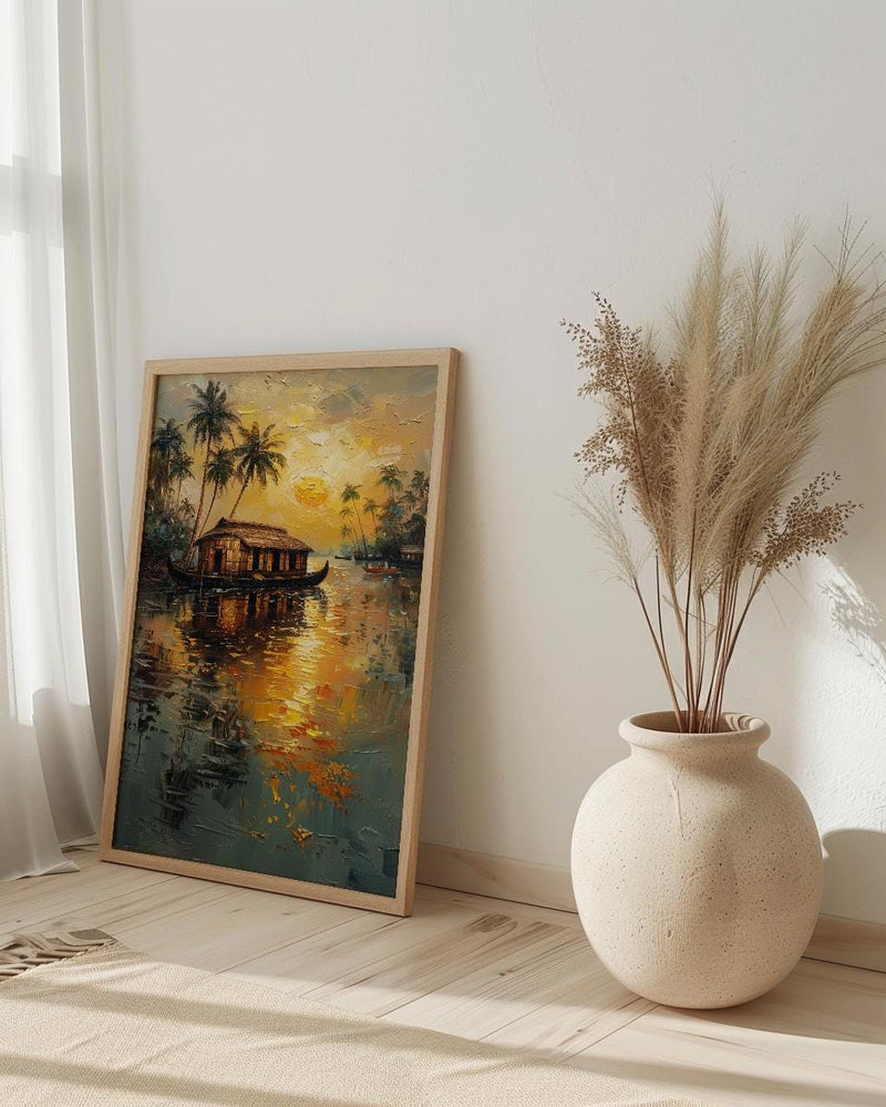 Kerala Houseboat Oil Painting Poster, India Backwaters Art Print, Tropical River Landscape, Sunset Boat Wall Art, Impasto Style Decor