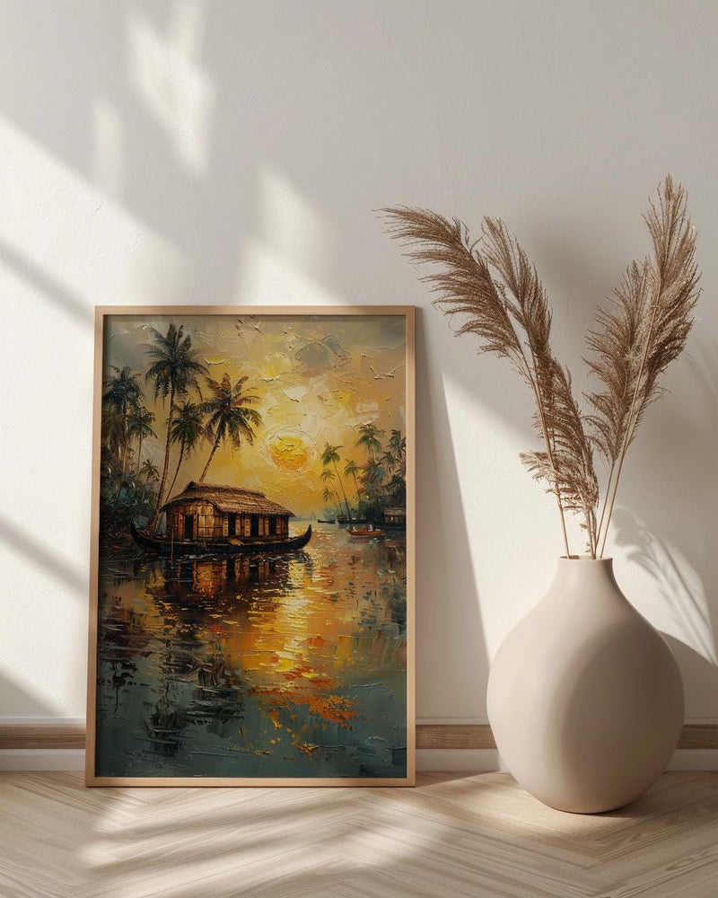 Kerala Houseboat Oil Painting Poster, India Backwaters Art Print, Tropical River Landscape, Sunset Boat Wall Art, Impasto Style Decor