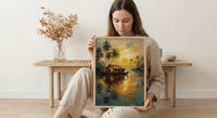 Kerala Houseboat Oil Painting Poster, India Backwaters Art Print, Tropical River Landscape, Sunset Boat Wall Art, Impasto Style Decor