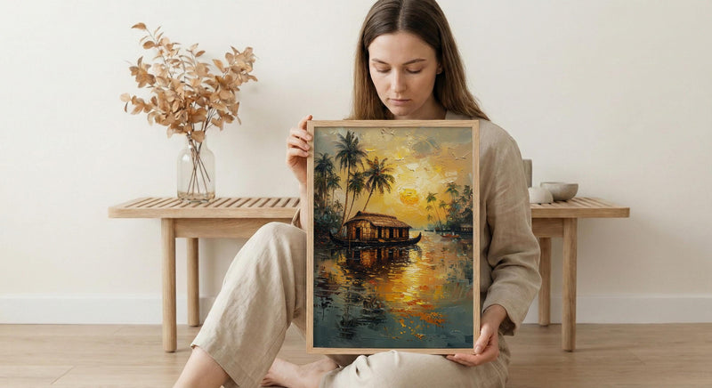 Kerala Houseboat Oil Painting Poster, India Backwaters Art Print, Tropical River Landscape, Sunset Boat Wall Art, Impasto Style Decor