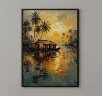 Kerala Houseboat Oil Painting Poster, India Backwaters Art Print, Tropical River Landscape, Sunset Boat Wall Art, Impasto Style Decor
