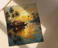 Kerala Houseboat Oil Painting Poster, India Backwaters Art Print, Tropical River Landscape, Sunset Boat Wall Art, Impasto Style Decor