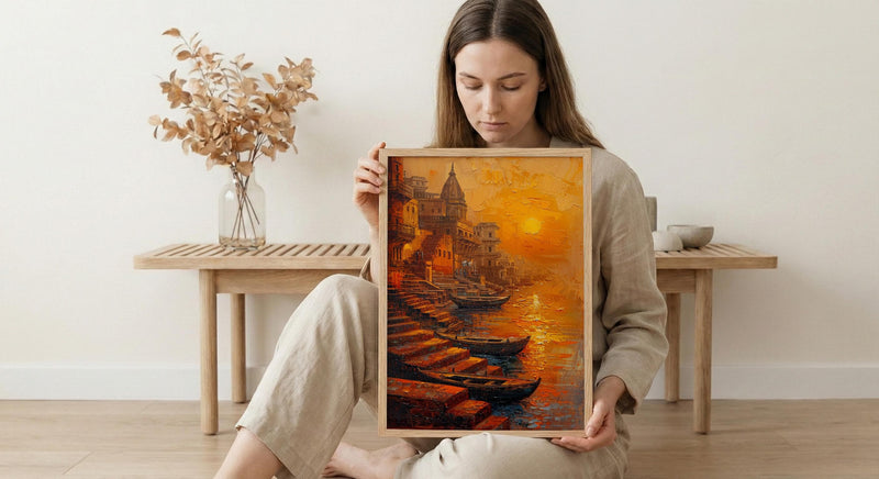 Varanasi Ganges River Oil Painting Poster, India Ghats Art Print, Holy City Sunset Wall Art, Spiritual Travel Decor, Impasto Style Print