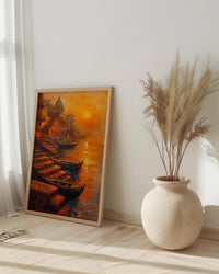 Varanasi Ganges River Oil Painting Poster, India Ghats Art Print, Holy City Sunset Wall Art, Spiritual Travel Decor, Impasto Style Print
