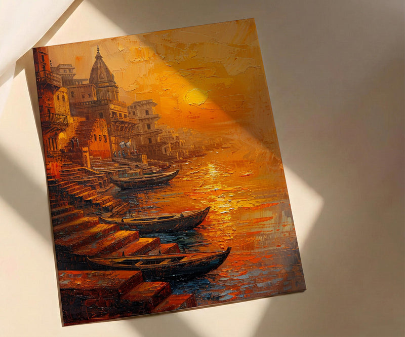 Varanasi Ganges River Oil Painting Poster, India Ghats Art Print, Holy City Sunset Wall Art, Spiritual Travel Decor, Impasto Style Print