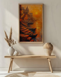 Varanasi Ganges River Oil Painting Poster, India Ghats Art Print, Holy City Sunset Wall Art, Spiritual Travel Decor, Impasto Style Print