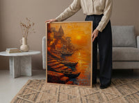 Varanasi Ganges River Oil Painting Poster, India Ghats Art Print, Holy City Sunset Wall Art, Spiritual Travel Decor, Impasto Style Print