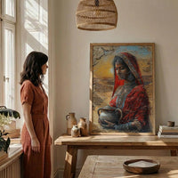 Indian Woman Red Sari Oil Painting Poster, Desert Sunset Art Print, Traditional Jewelry & Pot, Cultural India Wall Art, Impasto Print