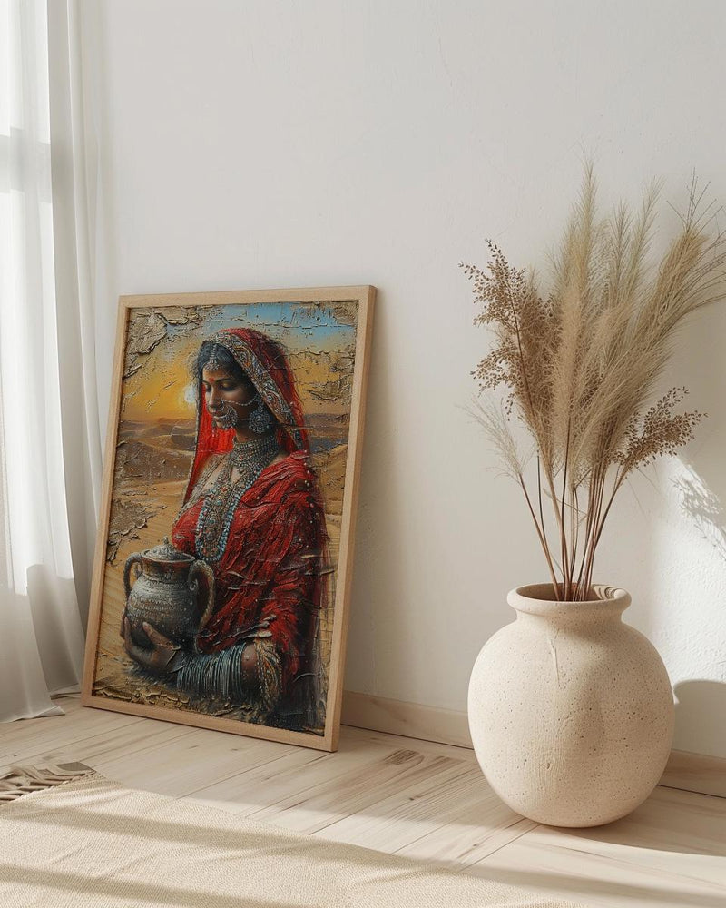 Indian Woman Red Sari Oil Painting Poster, Desert Sunset Art Print, Traditional Jewelry & Pot, Cultural India Wall Art, Impasto Print