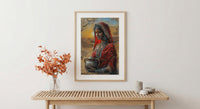 Indian Woman Red Sari Oil Painting Poster, Desert Sunset Art Print, Traditional Jewelry & Pot, Cultural India Wall Art, Impasto Print