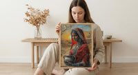 Indian Woman Red Sari Oil Painting Poster, Desert Sunset Art Print, Traditional Jewelry & Pot, Cultural India Wall Art, Impasto Print