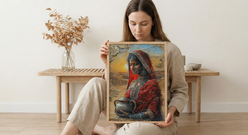 Indian Woman Red Sari Oil Painting Poster, Desert Sunset Art Print, Traditional Jewelry & Pot, Cultural India Wall Art, Impasto Print
