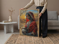 Indian Woman Red Sari Oil Painting Poster, Desert Sunset Art Print, Traditional Jewelry & Pot, Cultural India Wall Art, Impasto Print