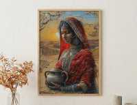 Indian Woman Red Sari Oil Painting Poster, Desert Sunset Art Print, Traditional Jewelry & Pot, Cultural India Wall Art, Impasto Print