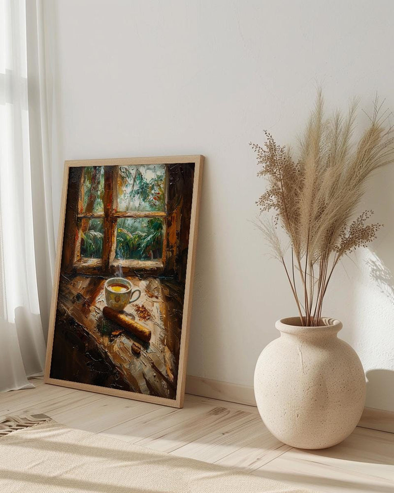 Havana Cuba Oil Painting Poster, Coffee and Cigar Art Print, Nostalgic Caribbean Window Wall Art, Tropical Rustic Decor, Impasto Still Life