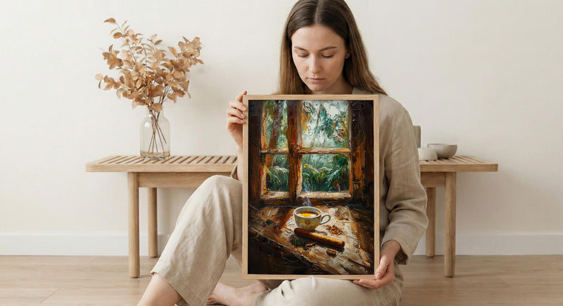 Havana Cuba Oil Painting Poster, Coffee and Cigar Art Print, Nostalgic Caribbean Window Wall Art, Tropical Rustic Decor, Impasto Still Life