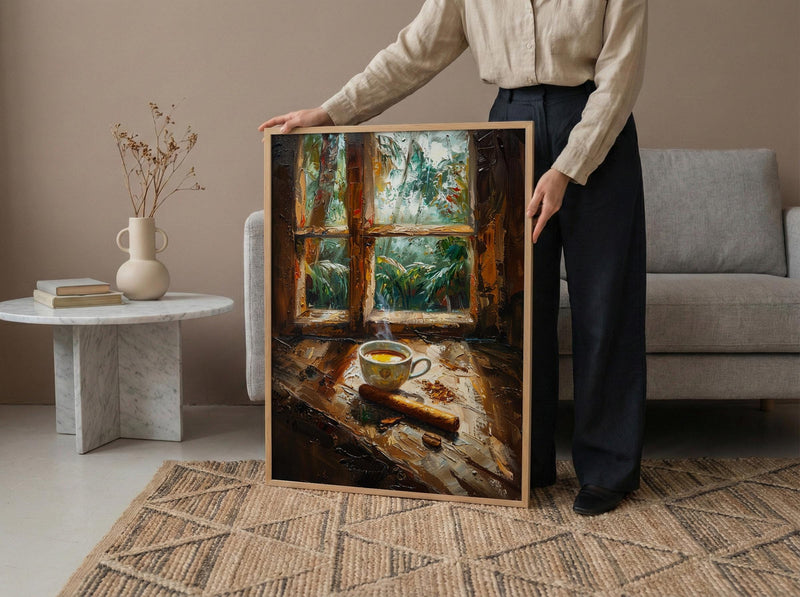 Havana Cuba Oil Painting Poster, Coffee and Cigar Art Print, Nostalgic Caribbean Window Wall Art, Tropical Rustic Decor, Impasto Still Life