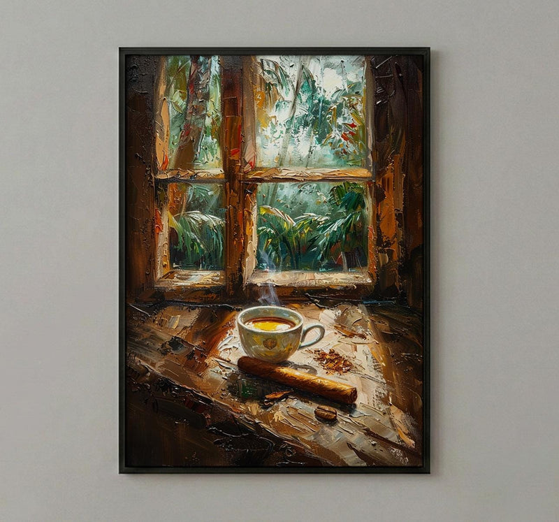 Havana Cuba Oil Painting Poster, Coffee and Cigar Art Print, Nostalgic Caribbean Window Wall Art, Tropical Rustic Decor, Impasto Still Life