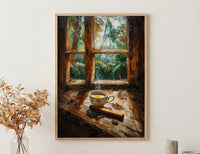 Havana Cuba Oil Painting Poster, Coffee and Cigar Art Print, Nostalgic Caribbean Window Wall Art, Tropical Rustic Decor, Impasto Still Life