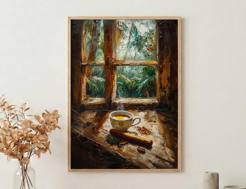 Havana Cuba Oil Painting Poster, Coffee and Cigar Art Print, Nostalgic Caribbean Window Wall Art, Tropical Rustic Decor, Impasto Still Life