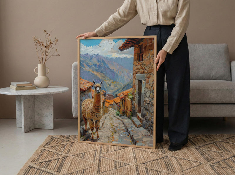 Peru Andes Mountains Oil Painting Poster, Alpaca Llama Art Print, Incan Village Wall Art, South America Decor, Impasto Landscape