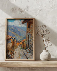 Peru Andes Mountains Oil Painting Poster, Alpaca Llama Art Print, Incan Village Wall Art, South America Decor, Impasto Landscape