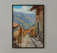 Peru Andes Mountains Oil Painting Poster, Alpaca Llama Art Print, Incan Village Wall Art, South America Decor, Impasto Landscape