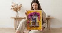 Cartagena Colombia Oil Painting Poster, Pink Bougainvillea Art Print, Yellow Wall Decor, Latin American Balcony Wall Art, Impasto Floral