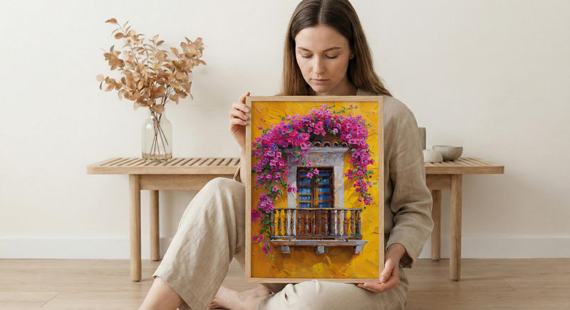 Cartagena Colombia Oil Painting Poster, Pink Bougainvillea Art Print, Yellow Wall Decor, Latin American Balcony Wall Art, Impasto Floral