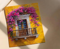Cartagena Colombia Oil Painting Poster, Pink Bougainvillea Art Print, Yellow Wall Decor, Latin American Balcony Wall Art, Impasto Floral