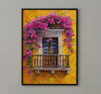 Cartagena Colombia Oil Painting Poster, Pink Bougainvillea Art Print, Yellow Wall Decor, Latin American Balcony Wall Art, Impasto Floral