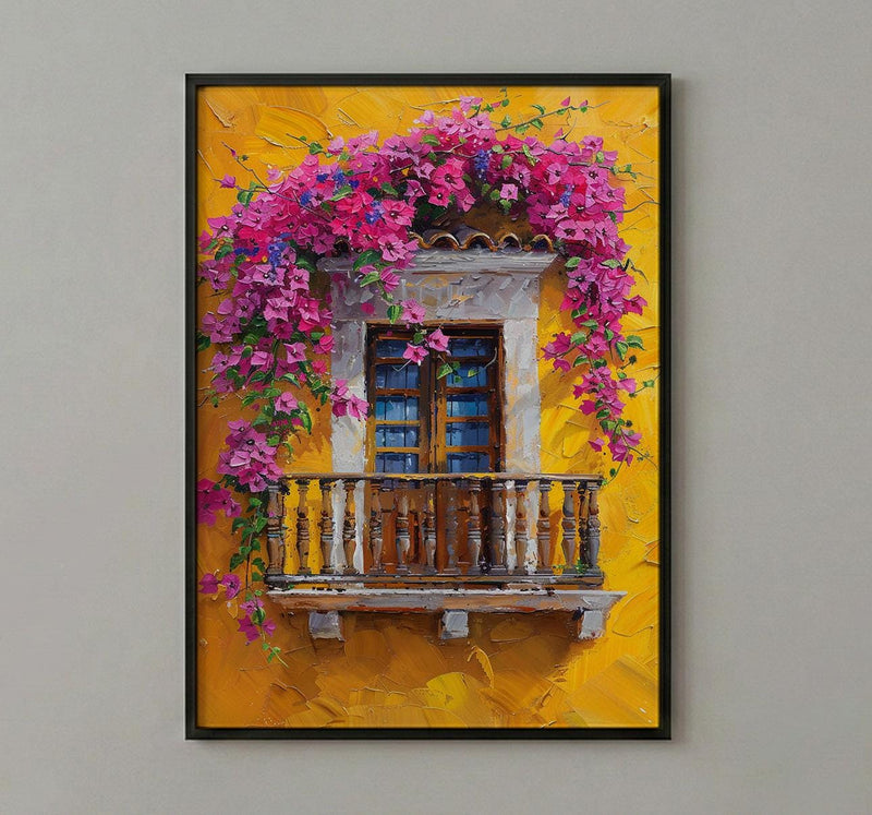 Cartagena Colombia Oil Painting Poster, Pink Bougainvillea Art Print, Yellow Wall Decor, Latin American Balcony Wall Art, Impasto Floral