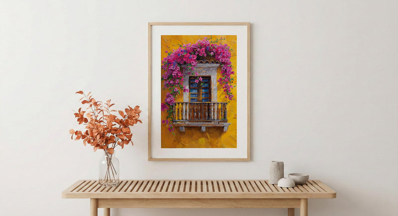 Cartagena Colombia Oil Painting Poster, Pink Bougainvillea Art Print, Yellow Wall Decor, Latin American Balcony Wall Art, Impasto Floral