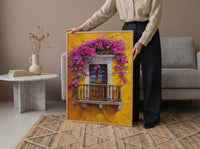 Cartagena Colombia Oil Painting Poster, Pink Bougainvillea Art Print, Yellow Wall Decor, Latin American Balcony Wall Art, Impasto Floral