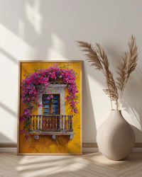 Cartagena Colombia Oil Painting Poster, Pink Bougainvillea Art Print, Yellow Wall Decor, Latin American Balcony Wall Art, Impasto Floral