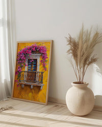 Cartagena Colombia Oil Painting Poster, Pink Bougainvillea Art Print, Yellow Wall Decor, Latin American Balcony Wall Art, Impasto Floral