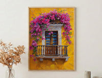 Cartagena Colombia Oil Painting Poster, Pink Bougainvillea Art Print, Yellow Wall Decor, Latin American Balcony Wall Art, Impasto Floral