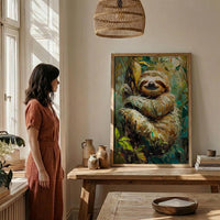 Smiling Sloth Oil Painting Poster, Rainforest Art Print, Cute Jungle Animal, South America Decor, Impasto Nursery Art