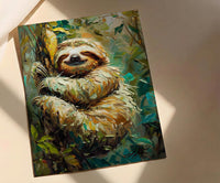 Smiling Sloth Oil Painting Poster, Rainforest Art Print, Cute Jungle Animal, South America Decor, Impasto Nursery Art