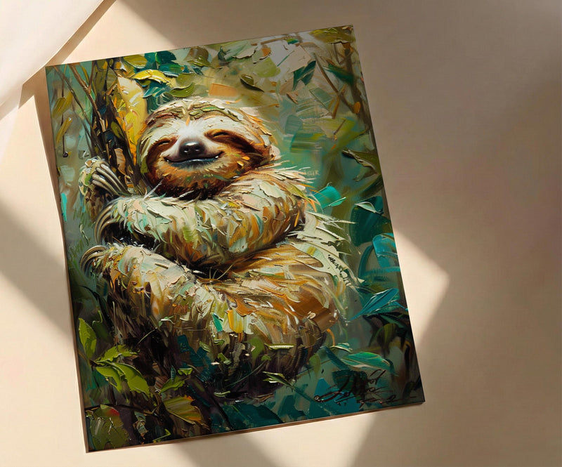 Smiling Sloth Oil Painting Poster, Rainforest Art Print, Cute Jungle Animal, South America Decor, Impasto Nursery Art
