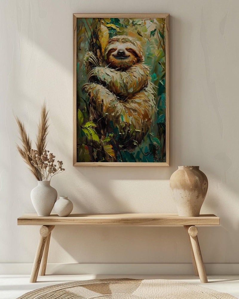 Smiling Sloth Oil Painting Poster, Rainforest Art Print, Cute Jungle Animal, South America Decor, Impasto Nursery Art