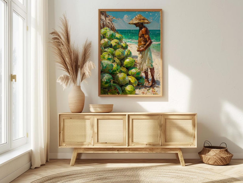 Ipanema Beach Brazil Oil Painting Poster, Coconut Vendor Art Print, Rio De Janeiro Wall Art, Tropical Summer Decor, Impasto Green Fruit