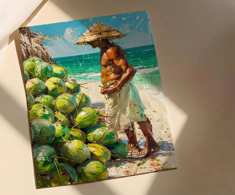 Ipanema Beach Brazil Oil Painting Poster, Coconut Vendor Art Print, Rio De Janeiro Wall Art, Tropical Summer Decor, Impasto Green Fruit