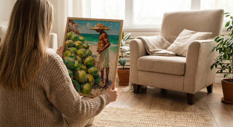 Ipanema Beach Brazil Oil Painting Poster, Coconut Vendor Art Print, Rio De Janeiro Wall Art, Tropical Summer Decor, Impasto Green Fruit