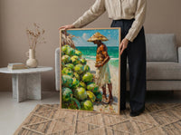Ipanema Beach Brazil Oil Painting Poster, Coconut Vendor Art Print, Rio De Janeiro Wall Art, Tropical Summer Decor, Impasto Green Fruit