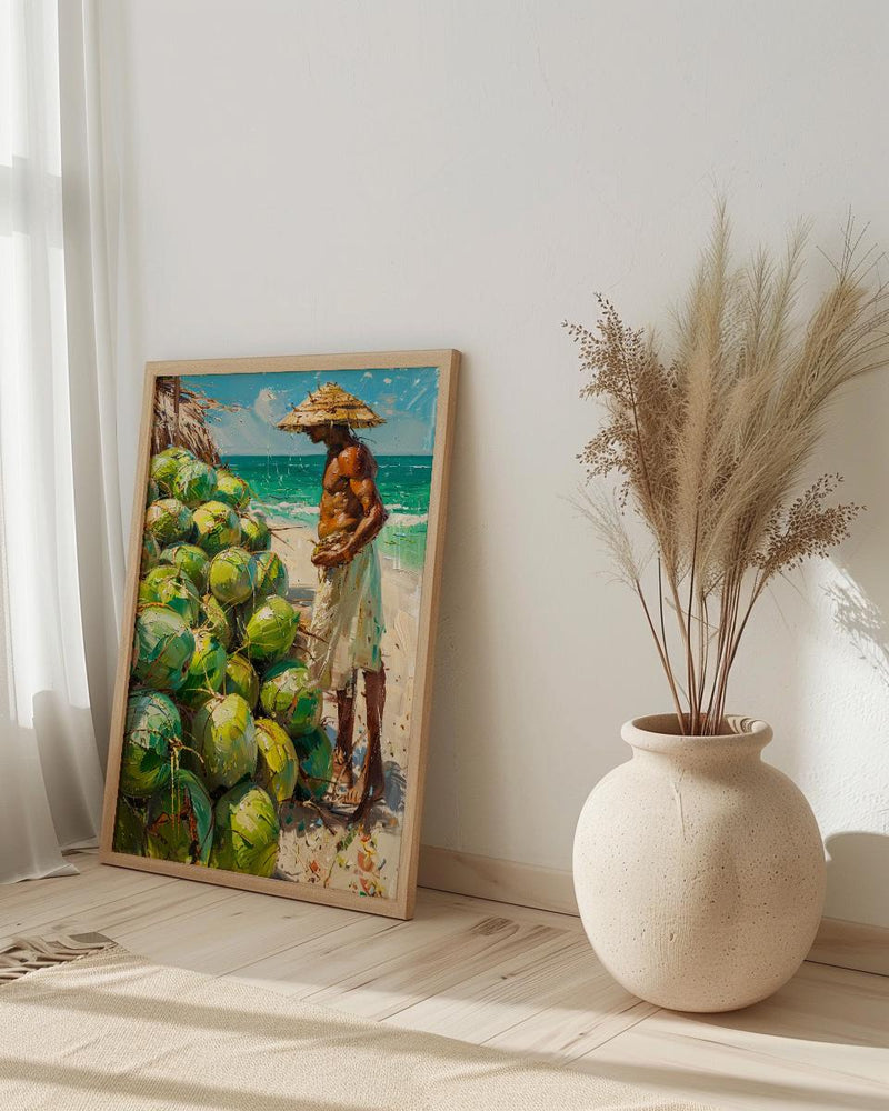 Ipanema Beach Brazil Oil Painting Poster, Coconut Vendor Art Print, Rio De Janeiro Wall Art, Tropical Summer Decor, Impasto Green Fruit