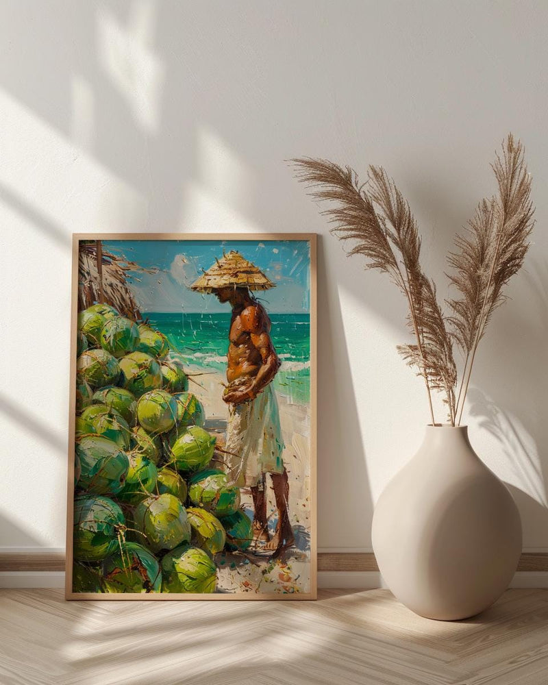 Ipanema Beach Brazil Oil Painting Poster, Coconut Vendor Art Print, Rio De Janeiro Wall Art, Tropical Summer Decor, Impasto Green Fruit