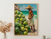Ipanema Beach Brazil Oil Painting Poster, Coconut Vendor Art Print, Rio De Janeiro Wall Art, Tropical Summer Decor, Impasto Green Fruit