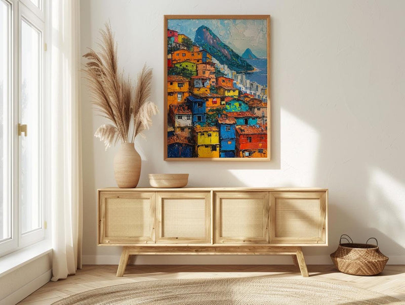 Rio De Janeiro Favela Painting, Brazil Cityscape Art Print, Sugarloaf Mountain Wall Art, Vibrant Slum Poster, Impasto Slopes Decor