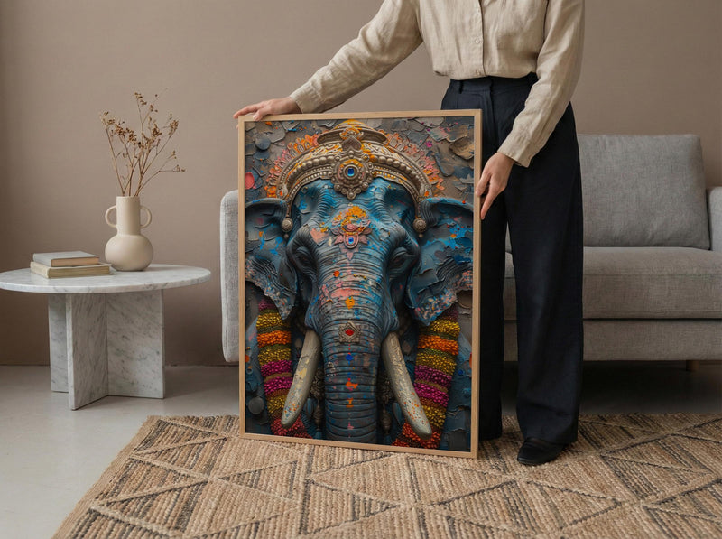 Elephant Art Print, Temple India Decor, Cultural Blessing, Impasto Oil Painting, Painted Elephant, Good Luck Gift, Baby Shower Gift